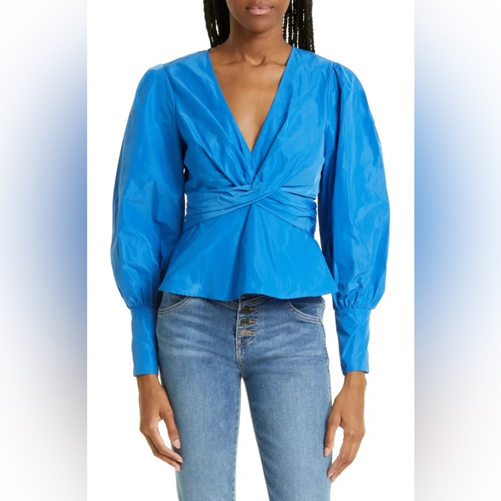 Veronica Beard Seema Wrap-Effect Taffeta Vibrant Blue Blouse Button Cuff Women’s - Picture 1 of 9